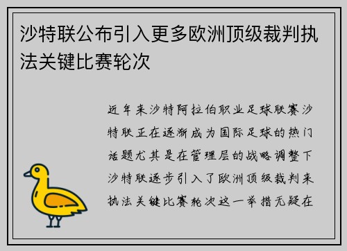 沙特联公布引入更多欧洲顶级裁判执法关键比赛轮次