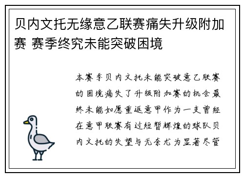 贝内文托无缘意乙联赛痛失升级附加赛 赛季终究未能突破困境 贝内文托无缘意乙联赛痛失升级附加赛 赛季终究未能突破困境